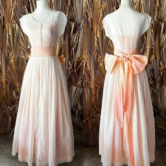 Vintage Dresses & Skirts - Vintage 1940s Gown Pink and White Organdy Lace Dress Bow Coquette‎ Wedding